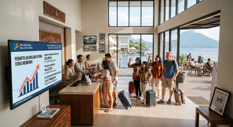 DATA BPS - Ilustrasi suasana hotel di Maluku Utara. Berdasarkan publikasi BPS Maluku Utara, tingkat hunian kamar hotel pada Mei 2026 mengalami peningkatan dibandingkan bulan sebelumnya, Minggu (19/7/2026). (Visual: Gemini AI)