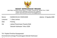 PENDAFTARAN SEKOLAH KEDINASAN - Surat Kepala BKN Nomor 5249/B-KS.04.01/SD/K/2026 tentang Jadwal Penerimaan Peserta Didik Sekolah Kedinasan Tahun 2026 yang ditetapkan di Jakarta pada 12 Agustus 2026. (Dok: Istimewa).