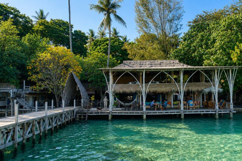 Meti Cottage di Pulau Meti, Halmahera Utara, menghadirkan suasana tenang dengan dermaga kayu, air laut jernih, dan nuansa tropis yang menyatu dengan alam. (Dok: Istimewa)