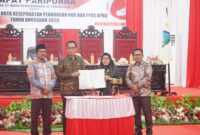 APBD - Wakil Bupati Halmahera Selatan Helmi Umar Muchsin bersama pimpinan DPRD Halsel menunjukkan dokumen Nota Kesepakatan Perubahan KUA dan PPAS APBD Tahun Anggaran 2026 dalam Rapat Paripurna di Labuha, Kamis (13/8/2026). (Dok: Istimewa)