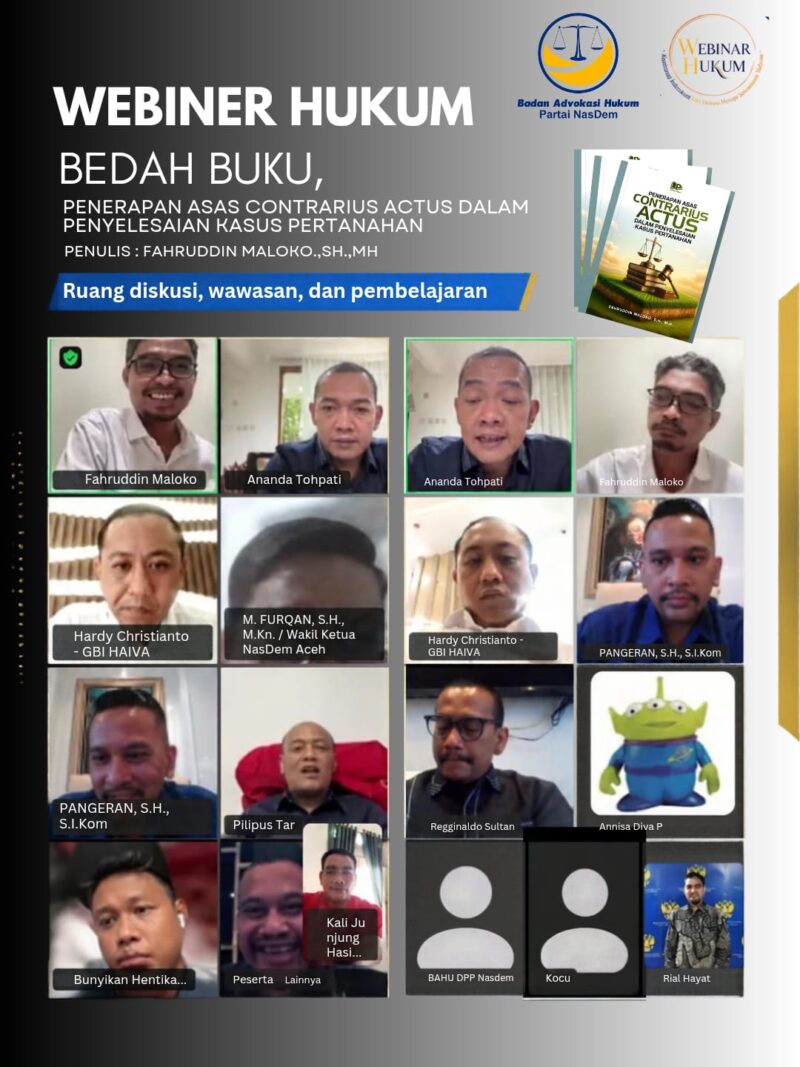 Webinar bedah buku karya advokat asal Maluku Utara, Fahruddin Maloko, yang digelar DPP BAHU NasDem secara daring, membahas penerapan asas Contrarius Actus dalam penyelesaian sengketa agraria, Rabu (30/9/2026).